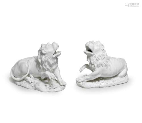 Two Meissen large models of white lions, circa 1747-50