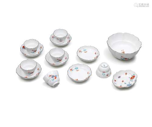 【*】Six Meissen teabowls and saucers, a waste bowl and an ass...