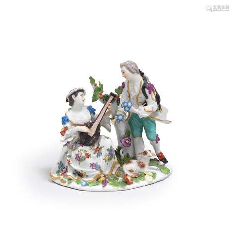 A Meissen group of a pastoral couple, circa 1745-50