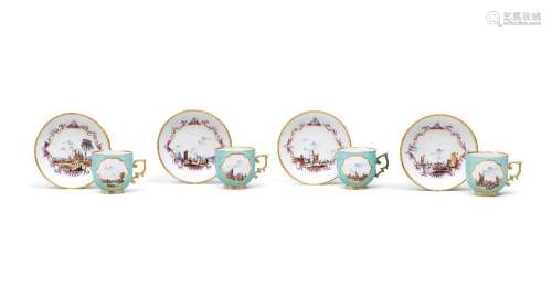 Four Meissen turquoise-ground coffee cups and saucers, circa...