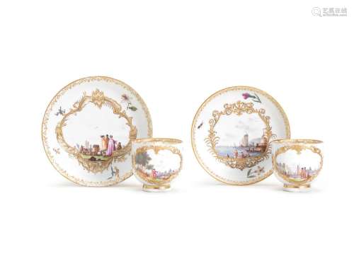 Two Meissen cups and two saucers, circa 1745