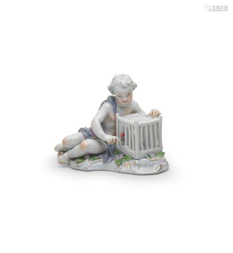 A Meissen figure of a putto with a caged hen, circa 1760; to...