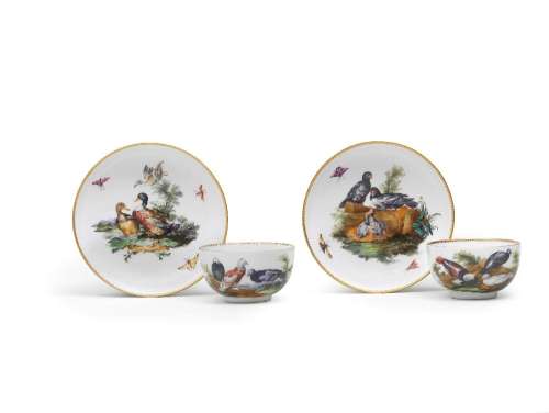 Two Meissen ornithological cups and saucers, circa 1775, tog...