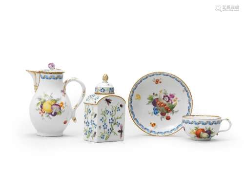 A Marcolini Meissen milk jug and cover and a teacup and sauc...