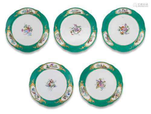 Five Sèvres green-ground plates (assiette à palmes) from the...