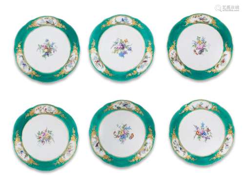 Six Sèvres green-ground plates (assiette à palmes) from the ...