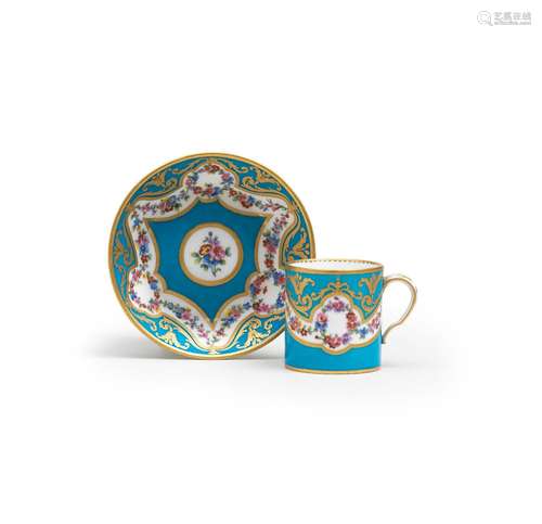 A Sèvres bleu-céleste-ground cup and saucer (gobelet 'litron...