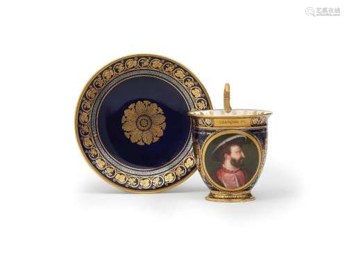 【*】A Sèvres blue-ground portrait cup and saucer (tasse à cho...