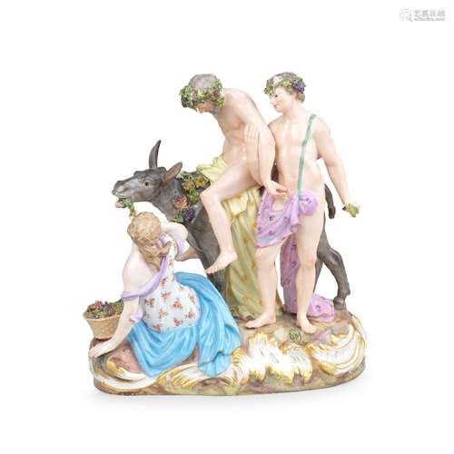 【*】A Meissen group of the drunken Silenus, late 19th century...