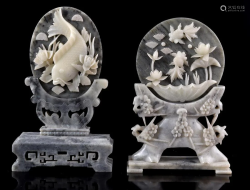 2 richly decorated stone ornamental objects
