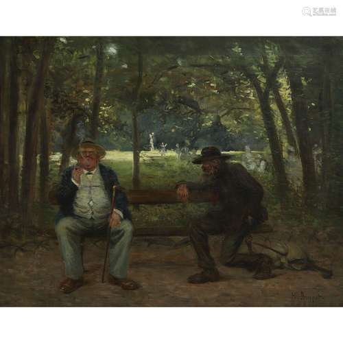 HENRI BRISPOT (1846-1928)HOMMES SUR UN BANCHuile sur toile S...