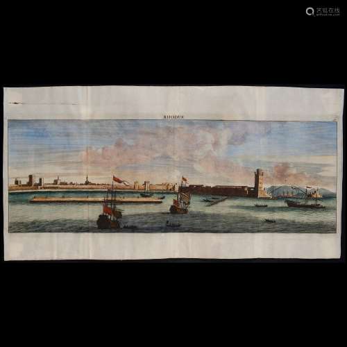 View of the city of Rhodes with Turkish ships, painted engra...