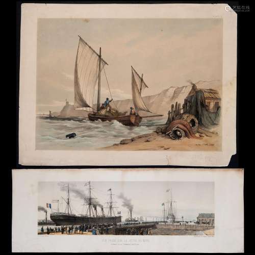 Pair of lithographs depicting ships, 'Vue prise sur la jetée...