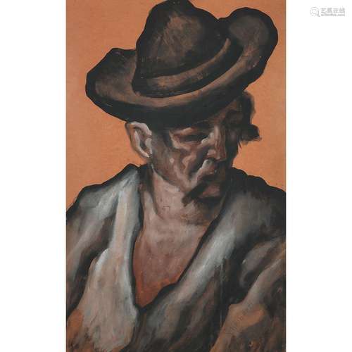 HUGÓ SCHEIBER (1873-1950)HOMME AU CHAPEAU DE LÉGER TROIS-QUA...