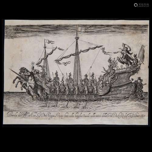 Engraving depicting a ceremonial ship, 1608