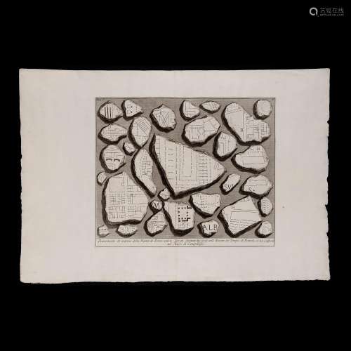 Valuable etching depicting a composition of antique marbles,...