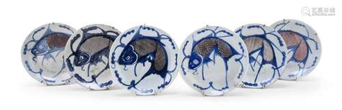 A SET OF SIX BLUE AND WHITE PORCELAIN DISHES, CHINA, LATE 19...