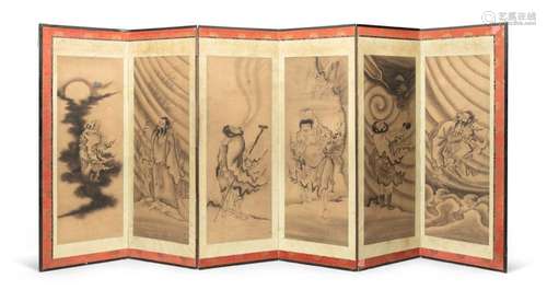 A SIX-PANEL FOLDING SCREEN (BYOBU) WITH INK-ON- PAPER DEPICT...