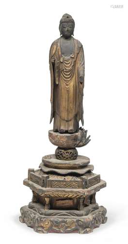 A LACQUER AND GILT WOOD SCULPTURE OF AMIDA NYORAI, JAPAN EDO...