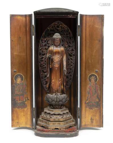 A LACQUER-AND-GILT WOOD SCULPTURE DEPICTING AMIDA NYORAI, JA...