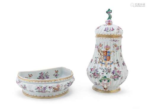 A PORCELAIN ENAMELED WALL FOUNTAIN WITH COVER AND BASIN, FRA...