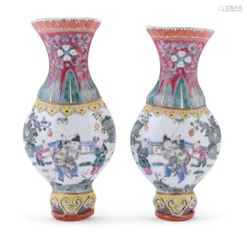 A PAIR OF POLYCHROME-DECORATED PORCELAIN WALL VASES, CHINA E...