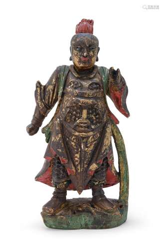 A POLYCHROME PAINTED WOOD FIGURE OF LOKAPALA, CHINA 20TH CEN...