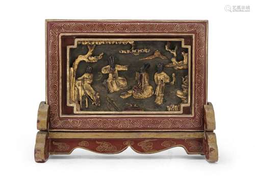 A SMALL RED-LACQUERED WOOD TABLE SCREEN, CHINA 20TH CENTURY