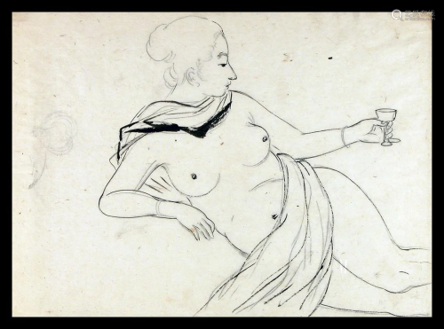 (Unidentified artist): Recling nude holding a wine glass