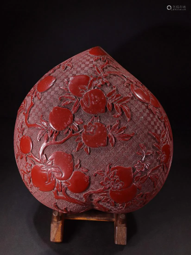 CHINESE LACQUERWARE PEACH-FORM COVERED BOX WITH CARVED '...