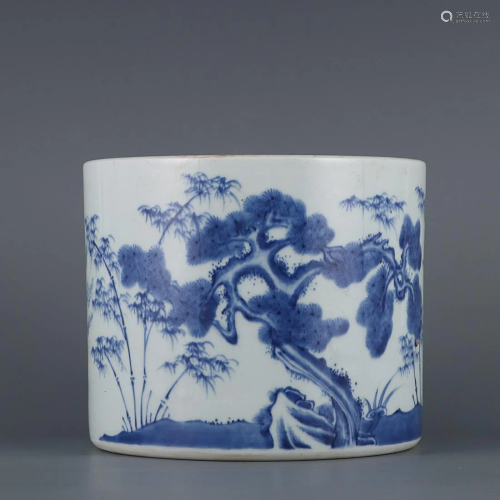 CHINESE BLUE-AND-WHITE BRUSHPOT DEPICTING 'THREE FRIEND...