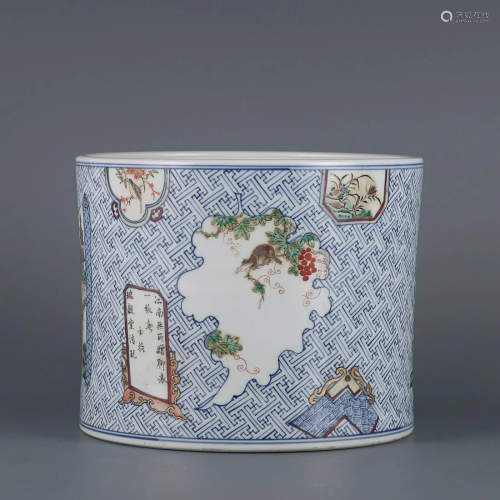 CHINESE BLUE-AND-WHITE AND FAMILLE-VERTE BRUSHPOT DEPICTING ...