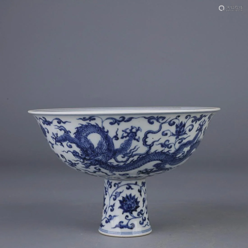 CHINESE BLUE-AND-WHITE HIGH-FOOT BOWL DEPICTING 'DRAGON...