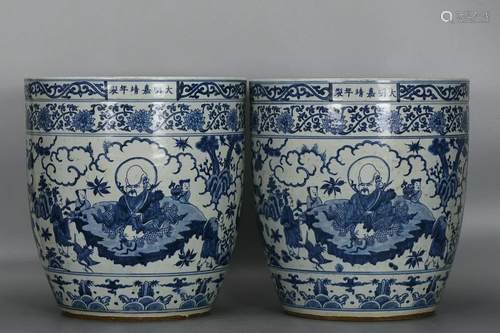 TWO CHINESE BLUE-AND-WHITE CROCKS DEPICTING 'EIGHT TAOI...