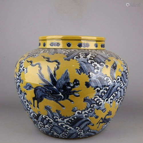 CHINESE YELLOW-GROUND BLUE-AND-WHITE CROCK DEPICTING 'B...