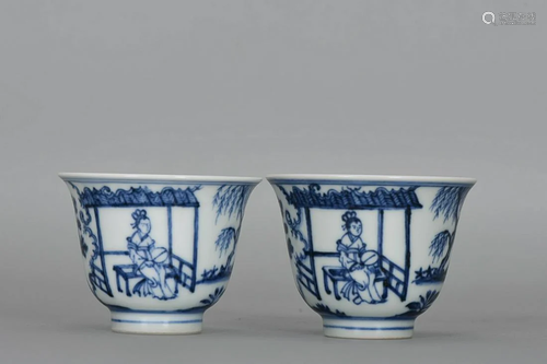 TWO CHINESE BLUE-AND-WHITE CUPS DEPICTING 'FIGURE STORY...