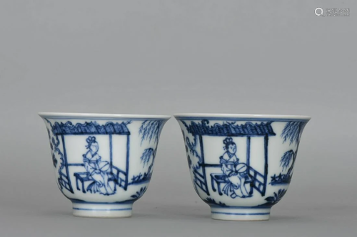 TWO CHINESE BLUE-AND-WHITE CUPS DEPICTING 'FIGURE STORY...