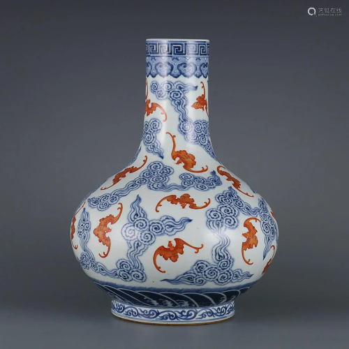 CHINESE BLUE-AND-WHITE AND IRON-RED ENAMEL FLAT VASE DEPICTI...