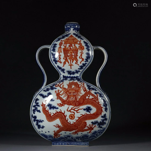 CHINESE BLUE-AND-WHITE AND IRON-RED ENAMELED DOUBLE-GOURD VA...