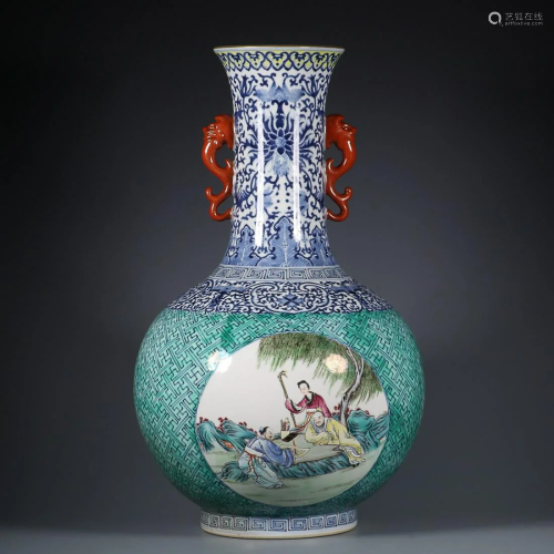 CHINESE BLUE-AND-WHITE AND FAMILLE-ROSE TWO-HANDLED VASE DEP...