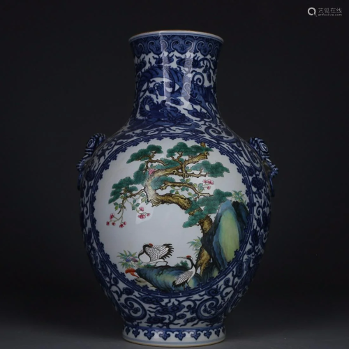 CHINESE BLUE-AND-WHITE AND FAMILLE-ROSE ELEPHANT-HANDLED VAS...