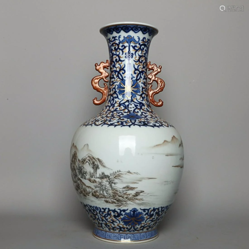 CHINESE BLUE-AND-WHITE AND MOCAI DRAGON-HANDLED VASE DEPICTI...