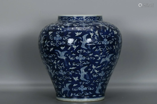 CHINESE BLUE-AND-WHITE JAR DEPICTING 'HUNDRED CRANES&#x...