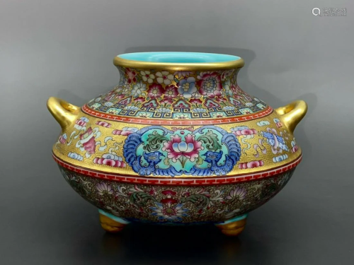 CHINESE POLYCHROME ENAMEL TWO-HANDLED CENSER DEPICTING '...