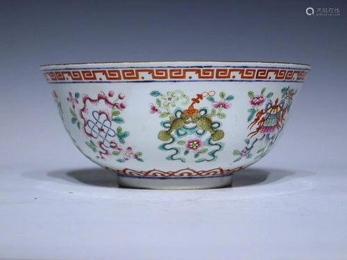 CHINESE FAMILLE-ROSE BOWL DEPICTING 'ASHTAMANGALA'...