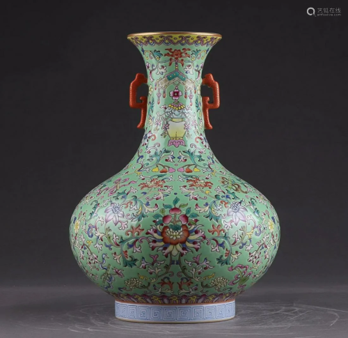 CHINESE GREEN-GROUND FAMILLE-ROSE TWO-HANDLED VASE DEPICTING...