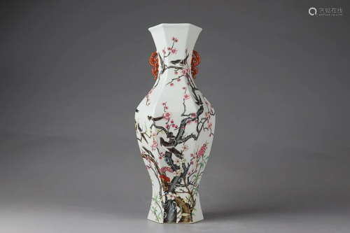 CHINESE FAMILLE-ROSE TWO-HANDLED VASE DEPICTING 'BIRD A...