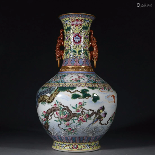 CHINESE FAMILLE-ROSE TWO-HANDLED VASE DEPICTING 'PEACH&...