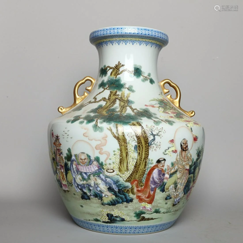 CHINESE FAMILLE-ROSE TWO-HANDLED VASE DEPICTING 'ARHAT&...