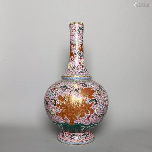 CHINESE GILDED ON FAMILLE-ROSE VASE DEPICTING 'QILIN AN...